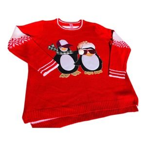 3162 Ugly Christmas Sweater XXL Cool Penguins Knit Red Women's Long Sleeve
